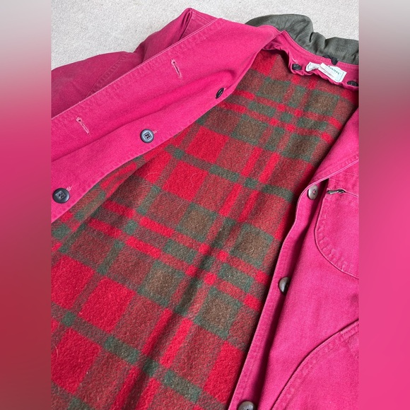 Vintage 90s flannel lined LLbean chore coat red green corduroy barn coat jacket - Picture 2 of 5